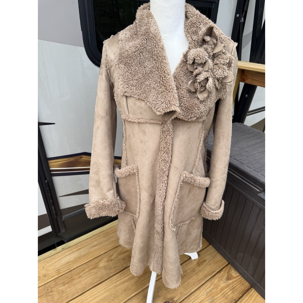 Jessica Simpson Sz Med Suede Faux Fur Brown Coat Sherpa Lined Old Money Luxury